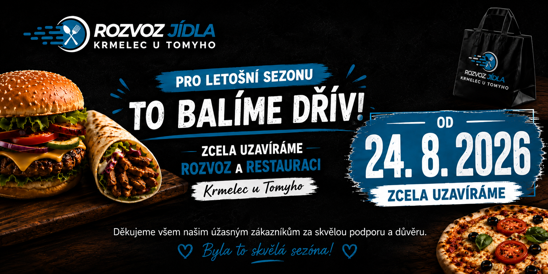 Propagační banner s nápisem o uzavírání restaurace, burgerem a pizzou, logem Rozvoz Jídla.